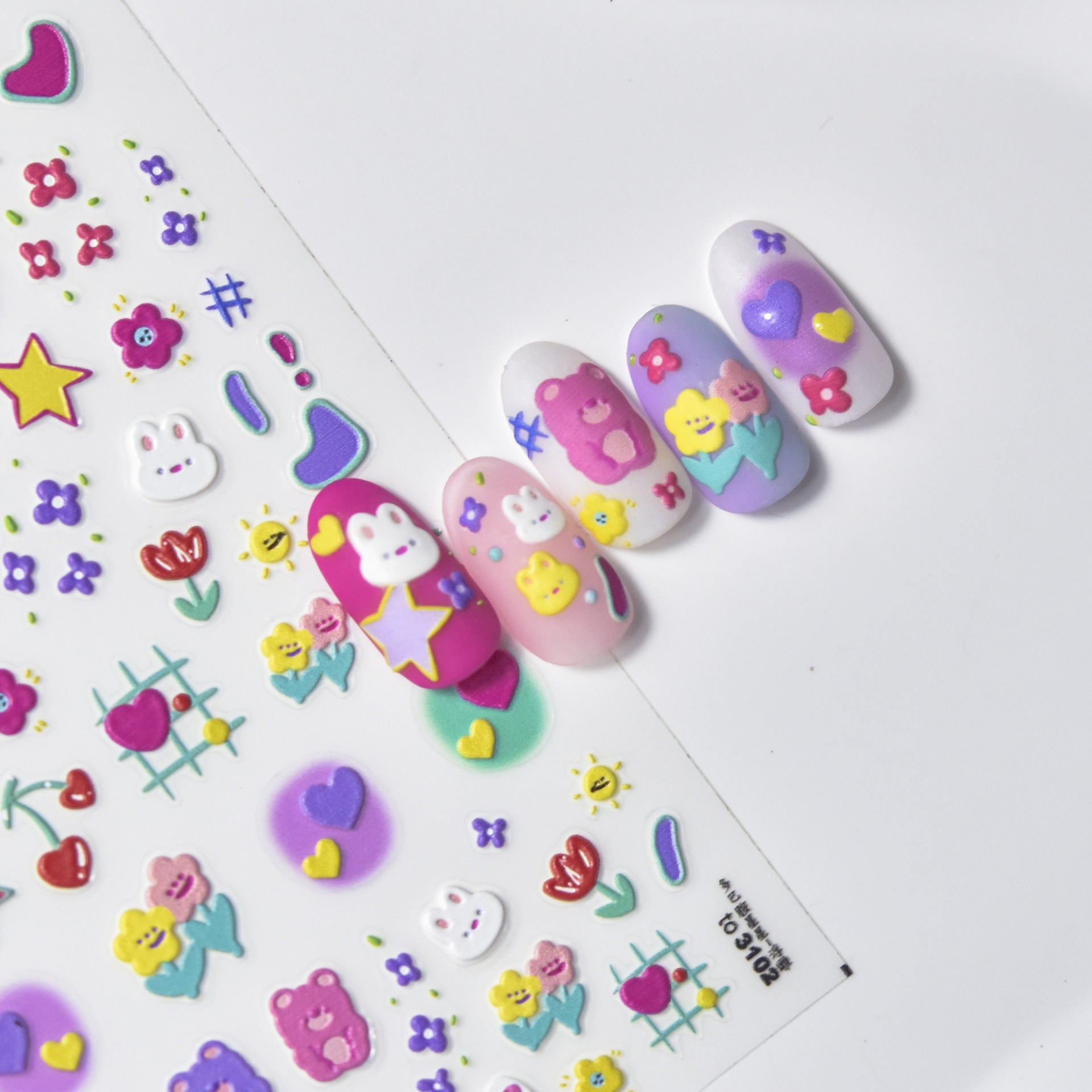 Cow Print Nail Art Stickers Adhesive Embossed Cute Bear Bunny Flower Sticker Decals to3054