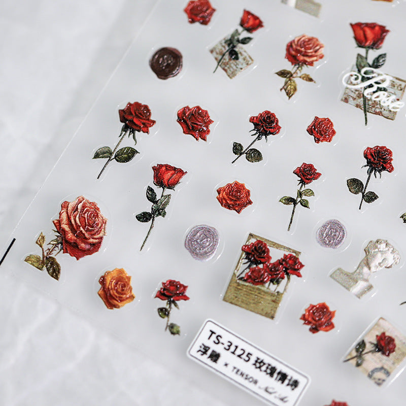 Tensor Nail Art Stickers Valentine's Day Rose Flower Embossed Sticker Decals - Nail MAD