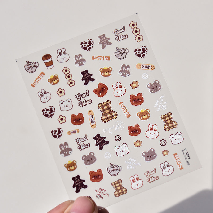 NailMAD Cartoon Bear Nail Art Stickers Adhesive Embossed Lucky Bear with Rabbit Sticker Decals to3508