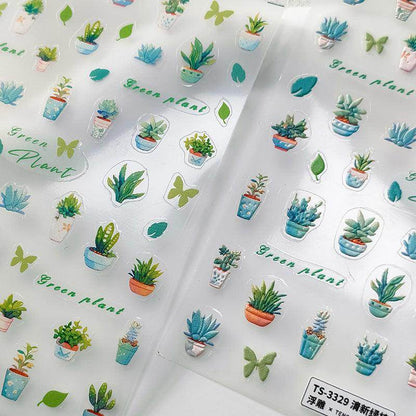 Cactus Nail Art Stickers Adhesive Slider Green Plant Leaf Embossed Sticker Decals - Nail MAD