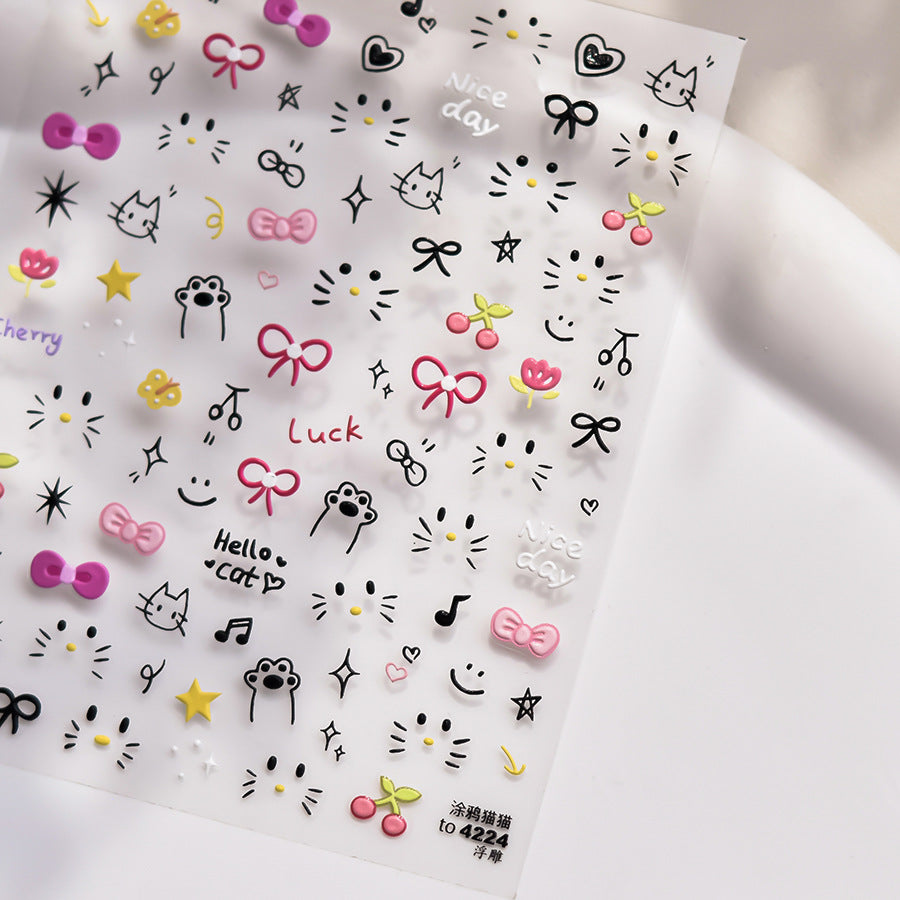 NailMAD graffiti Kitten Nail Art Stickers Adhesive Embossed Cartoon Cat Sticker Decals to4224