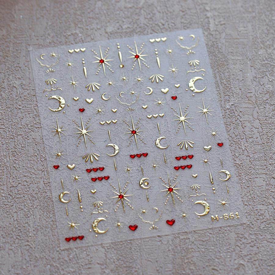 Gold Star Moon Nail Art Stickers Embossed Adhesive Galaxy Sticker Decals with Red Hearts M527 - Nail MAD