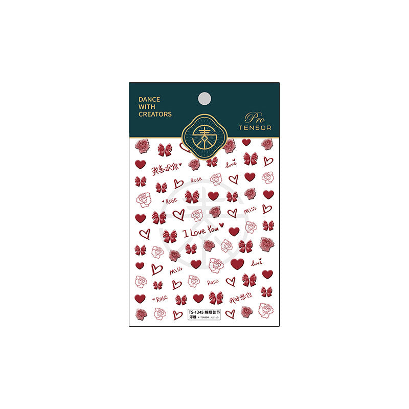 Tensor Nail Art Stickers Red Bow Heart Rose Embossed Sticker Decals - Nail MAD