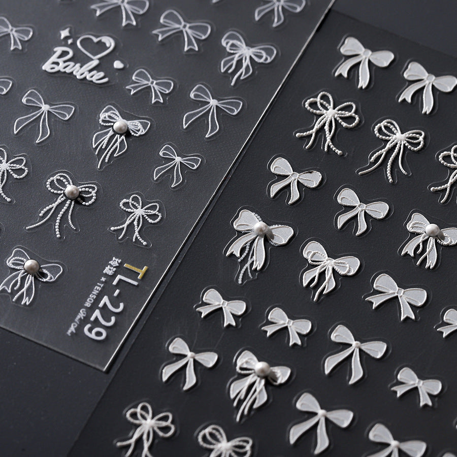 White Bow Nail Art Stickers Bows With Pearl Adhesive Embossed Sticker Decals TL228