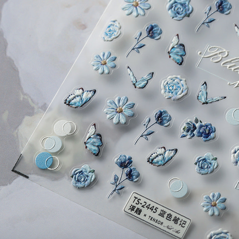 NailMAD Nail Art Stickers Adhesive Slider Blue Flower Butterfly Embossed Sticker Decals - Nail MAD