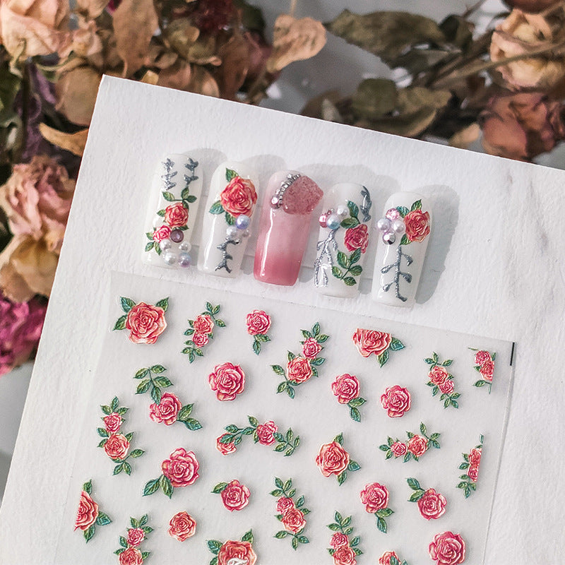 NailMAD Nail Art Stickers Adhesive Slider Pink Rose Flower Embossed Sticker Decals - Nail MAD