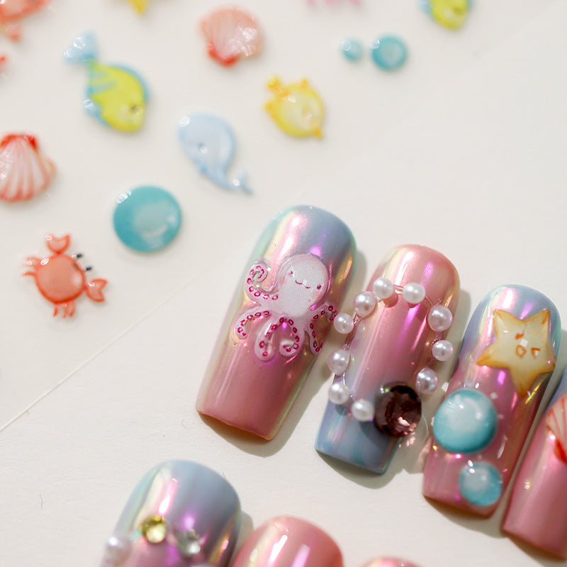 Tensor Nail Art Stickers Cartoon Fish Starfish Crab Jellyfish Embossed Sticker Decals - Nail MAD