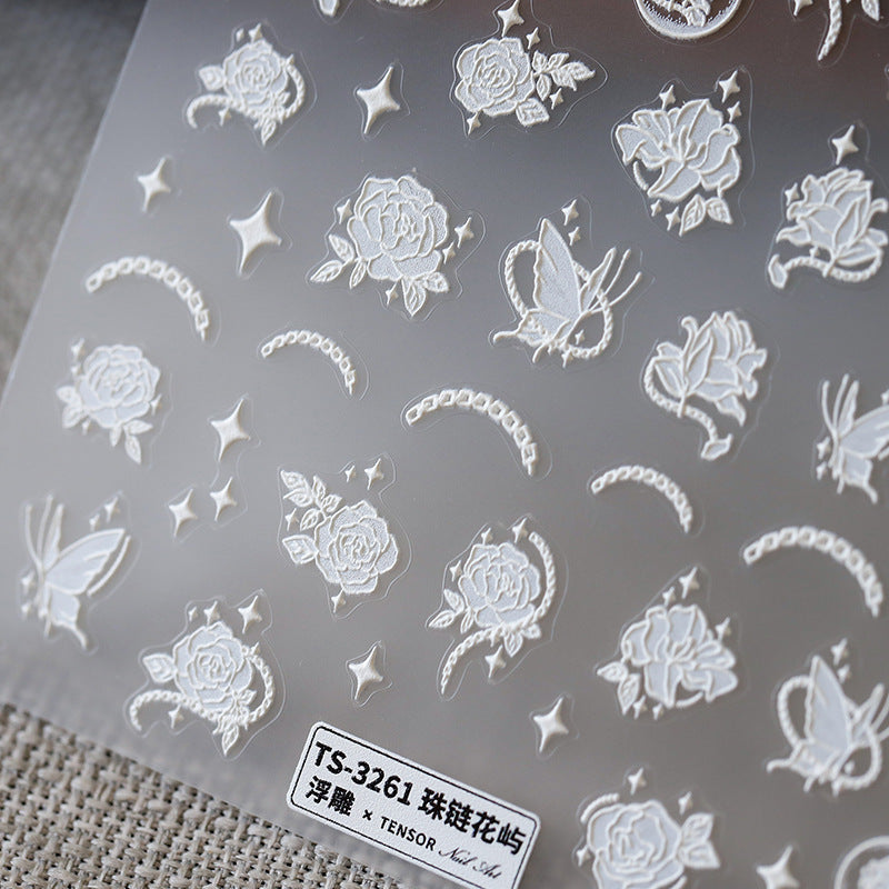 Tensor Nail Art Stickers White Flowers Embossed Sticker Decals - Nail MAD