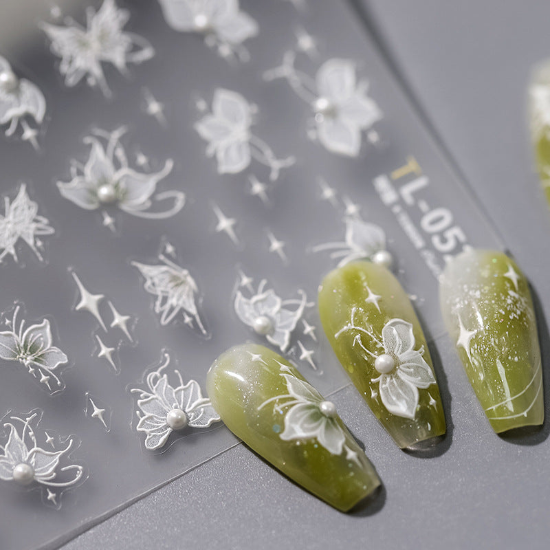 Tensor Nail Art Stickers White Floral Leaf With Pearl Embossed Sticker Decals TL052 - Nail MAD