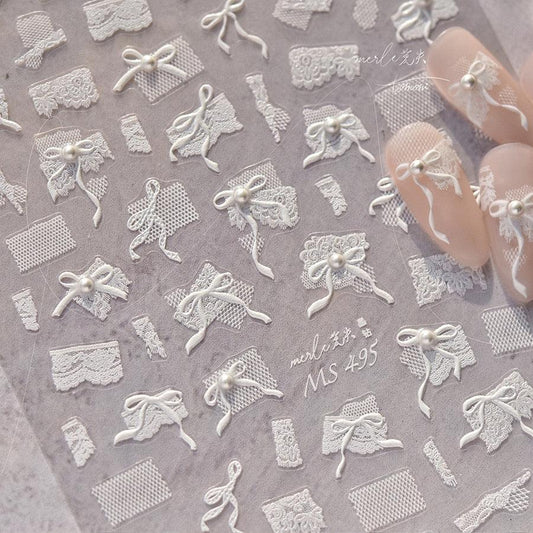 White Lace Bow Nail Art Stickers Adhesive Embossed Sticker Decals MS495