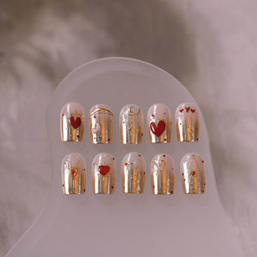 Gold Star Moon Nail Art Stickers Embossed Adhesive Galaxy Sticker Decals with Red Hearts M527 - Nail MAD