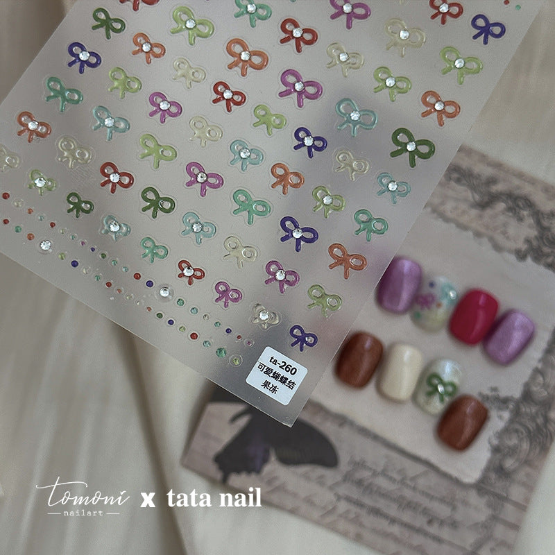 Bow With Rhinestone Pearl Nail Art Stickers Adhesive Embossed Sticker Decals TA256