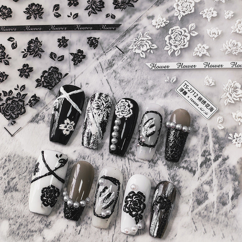 Tensor Nail Art Stickers Black White Flowers Sticker Decals - Nail MAD
