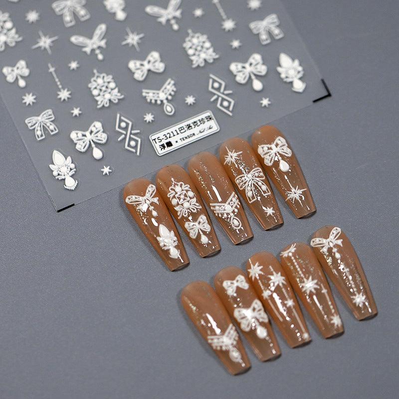 Tensor Nail Art Stickers White Pendant Bow Embossed Sticker Decals - Nail MAD