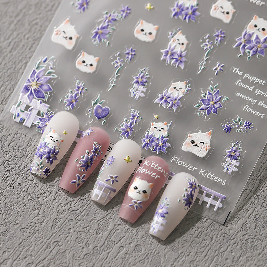 NailMAD Nail Art Stickers Adhesive Slider Cute Cat Purple Flower Embossed Sticker Decals TS3653 - Nail MAD