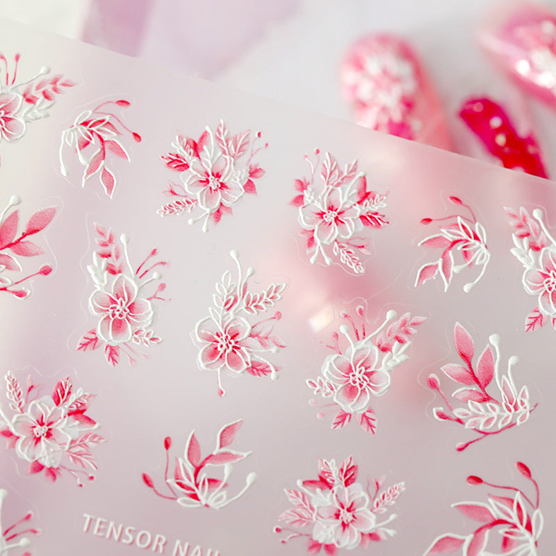 Tensor Nail Art Stickers Pink Flowers Embossed Sticker Decals - Nail MAD
