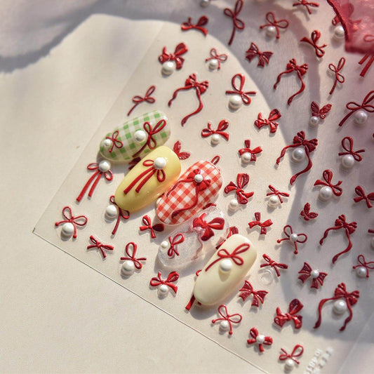 Bow With Pearl Nail Art Stickers Adhesive Embossed Red Bowtie Sticker Decals to4818 - Nail MAD