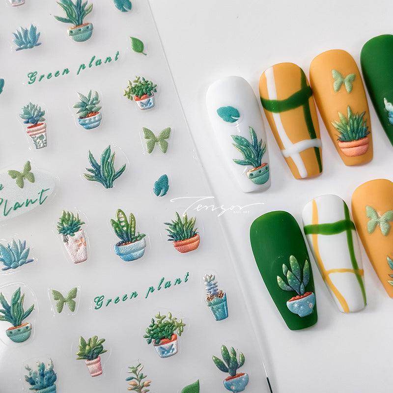 Cactus Nail Art Stickers Adhesive Slider Green Plant Leaf Embossed Sticker Decals - Nail MAD