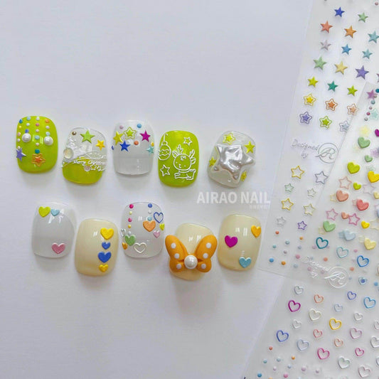 Mini Heart Stars Nail Art Stickers Colorful Star Dots Adhesive Embossed Sticker Decals to2350 - Nail MAD