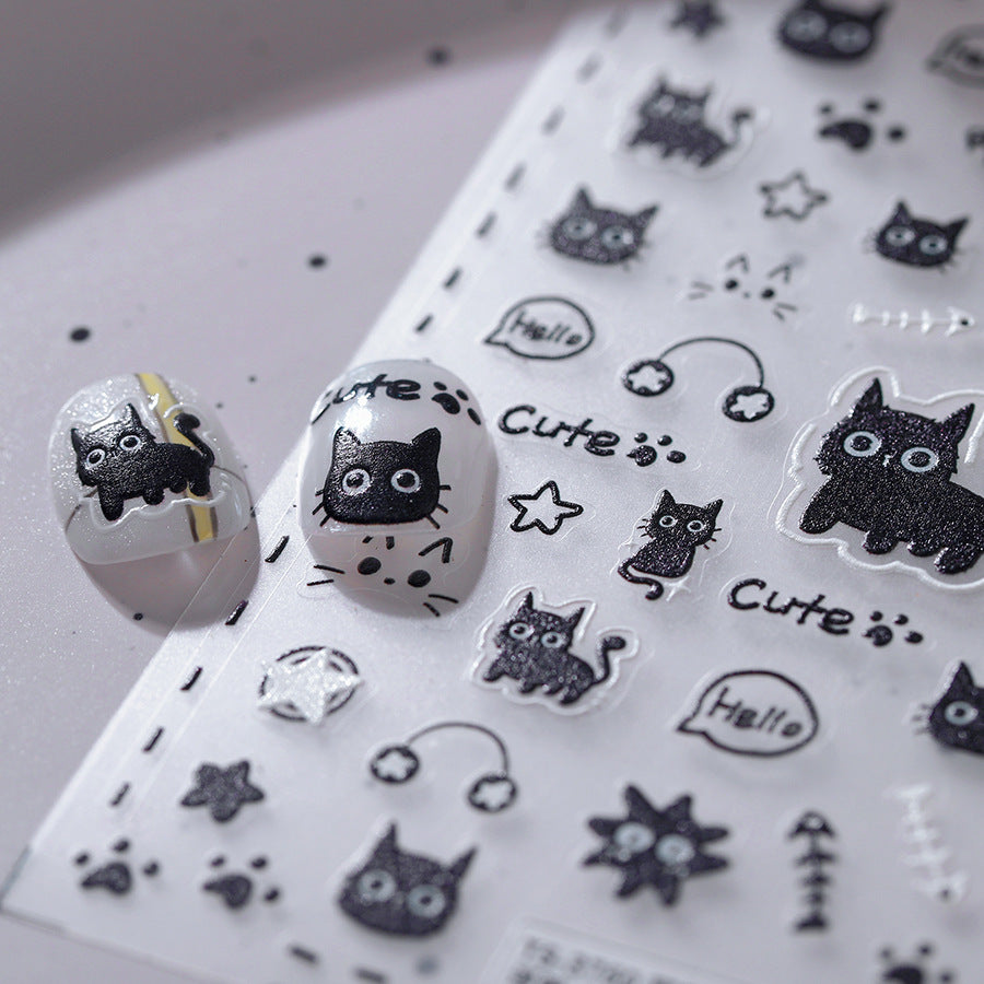 Cute Black Cat Nail Art Stickers Adhesive Embossed Sticker Decals TS3760