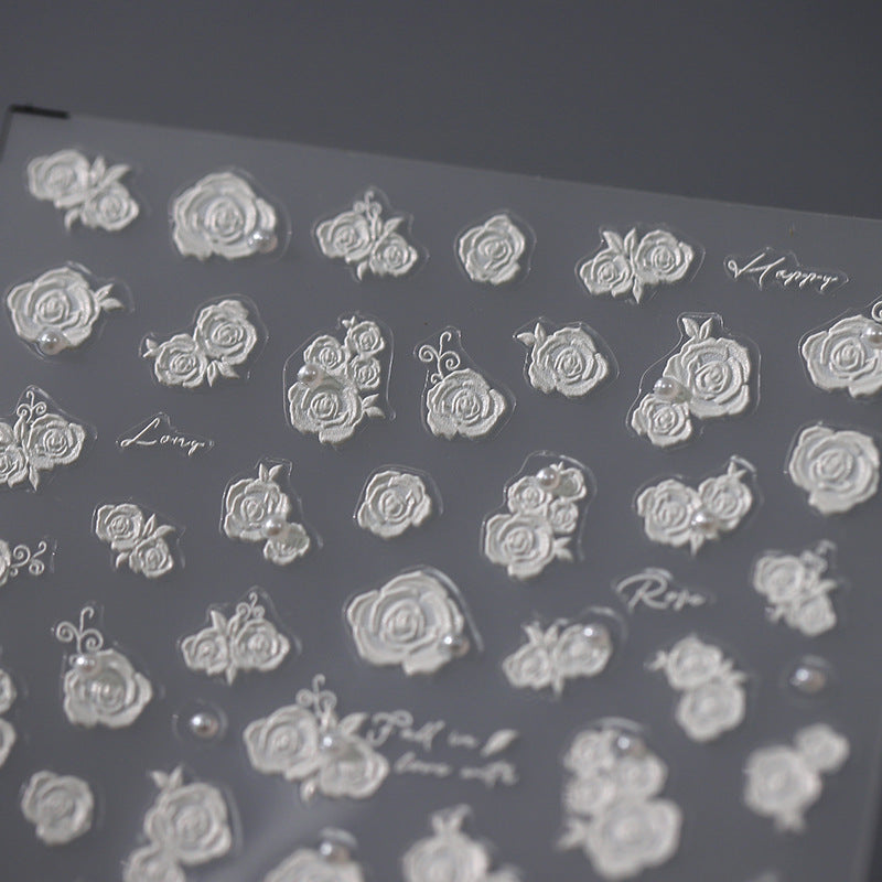 NailMAD Nail Art Stickers Adhesive Slider White Rose Flower Embossed Sticker Decals TL020 - Nail MAD