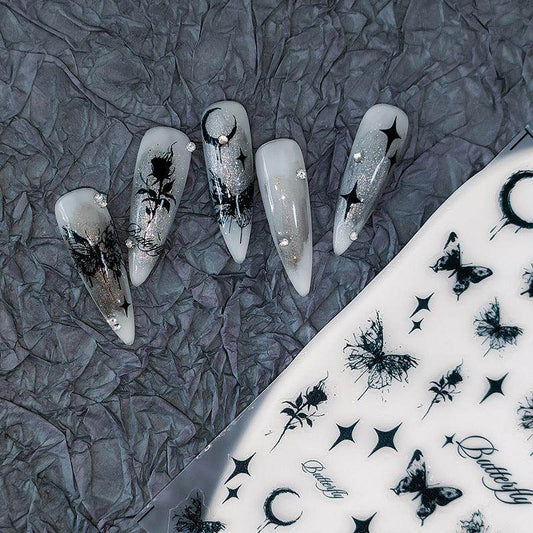 Nail Art Stickers Adhesive Slider Black Butterfly Rose Sticker Decals TS2017 - Nail MAD