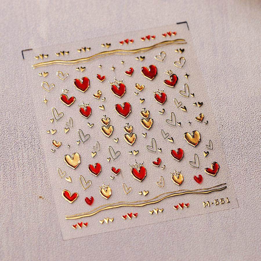 Gold Star Moon Nail Art Stickers Embossed Adhesive Galaxy Sticker Decals with Red Hearts M527 - Nail MAD