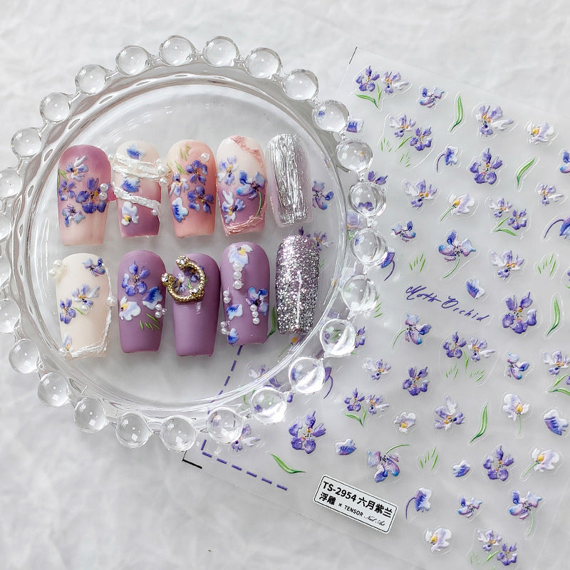 Tensor Nail Art Stickers Violet Flower Embossed Sticker Decals - Nail MAD