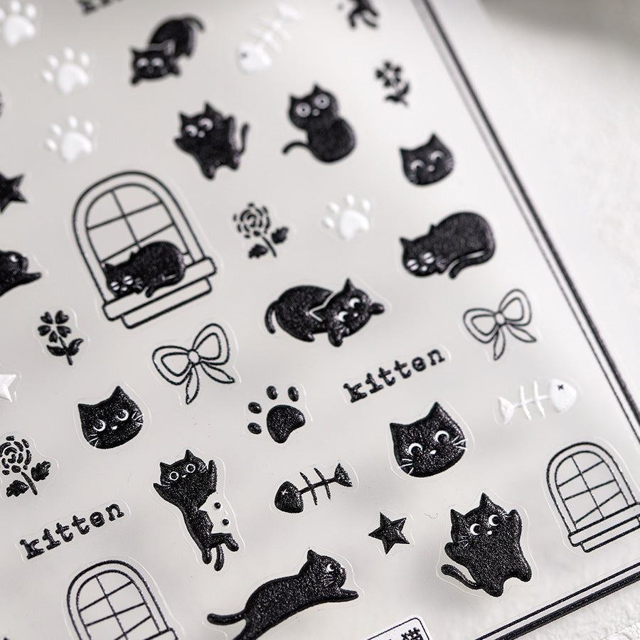 NailMAD Adorable Kitten Nail Art Stickers Adhesive Embossed Black Cat Sticker Decals Paw Tips Decoration TS3685