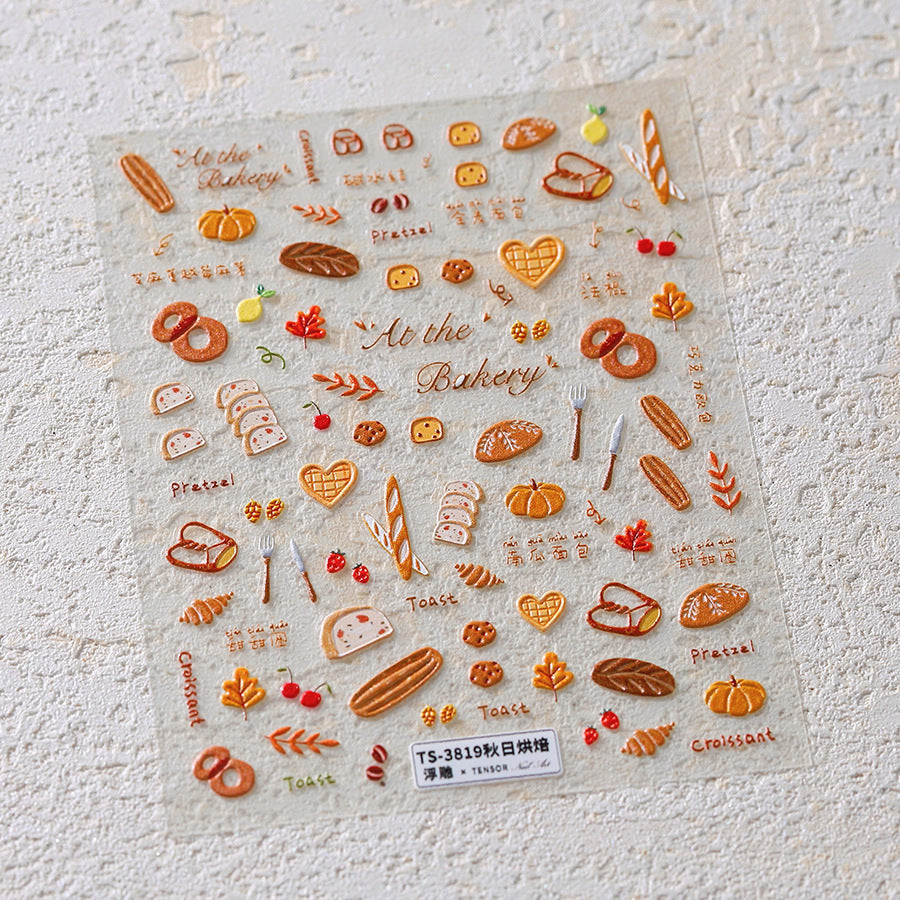 Autumn Nail Art Stickers Pumpkin Bread Adhesive Embossed Sticker Decals TS3819