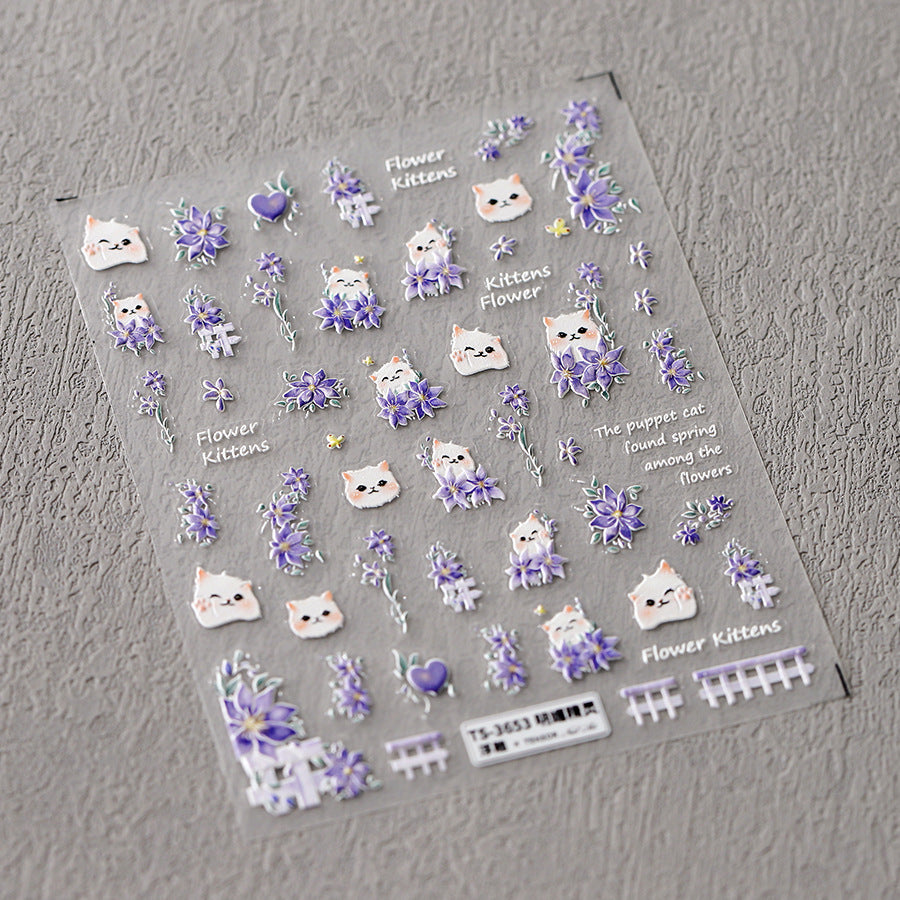 NailMAD Nail Art Stickers Adhesive Slider Cute Cat Purple Flower Embossed Sticker Decals TS3653 - Nail MAD