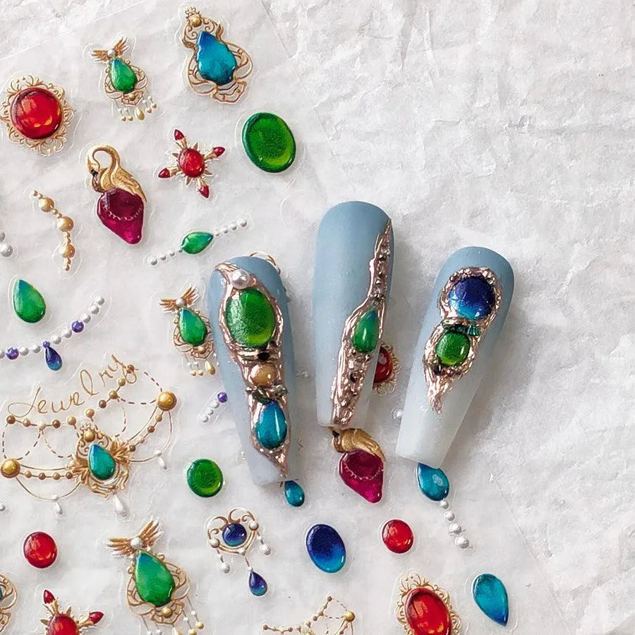 Opal Gems Nail Art Stickers Adhesive Slider Embossed Moonstone Sticker Decals MS797