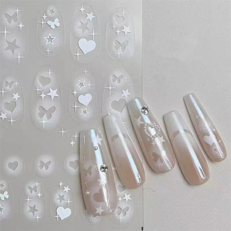 Painted Hollow Love Nail Art Stickers White Butterfly Star Adhesive Sticker Decals 