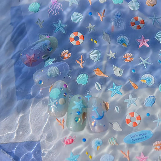 Pastel Marine Life Nail Art Stickers Adhesive Embossed Jellyfish Sticker Decals to4096