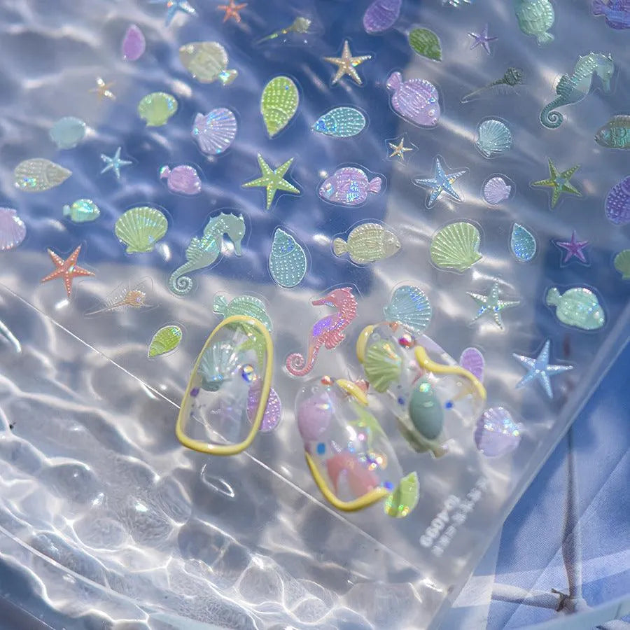 Pastel Marine Life Nail Art Stickers Adhesive Embossed Jellyfish Sticker Decals to4096