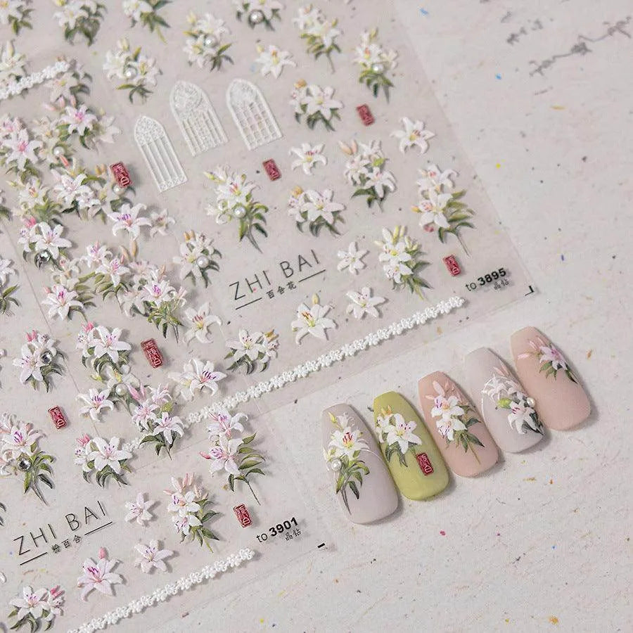 Peony Flower Nail Stickers 5D Embossed Aurora Shell Light Floral Nail Decals Manicure Accessories to3895