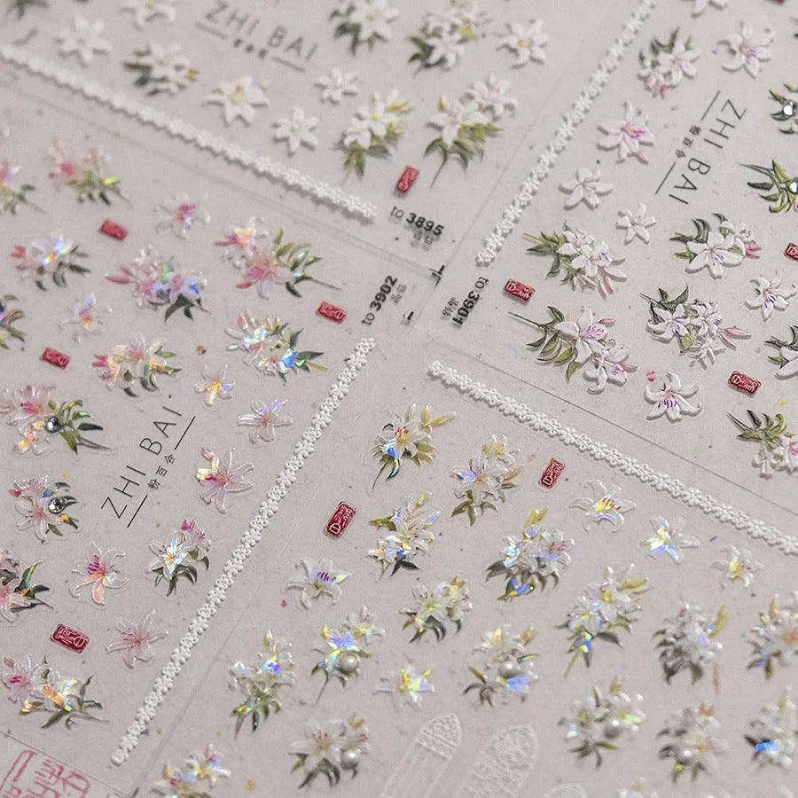 Peony Flower Nail Stickers 5D Embossed Aurora Shell Light Floral Nail Decals Manicure Accessories to3895