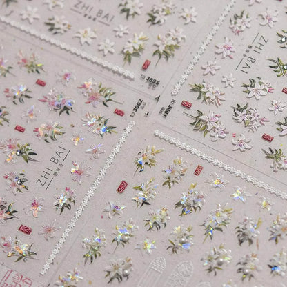 Peony Flower Nail Stickers 5D Embossed Aurora Shell Light Floral Nail Decals Manicure Accessories to3895