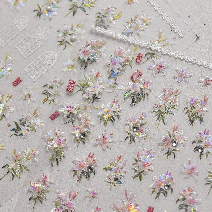 Peony Flower Nail Stickers 5D Embossed Aurora Shell Light Floral Nail Decals Manicure Accessories to3895