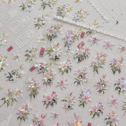 Peony Flower Nail Stickers 5D Embossed Aurora Shell Light Floral Nail Decals Manicure Accessories to3895