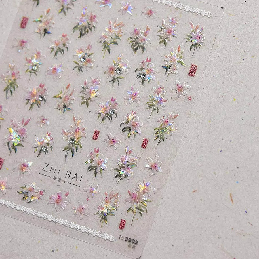 Peony Flower Nail Stickers 5D Embossed Aurora Shell Light Floral Nail Decals Manicure Accessories to3895