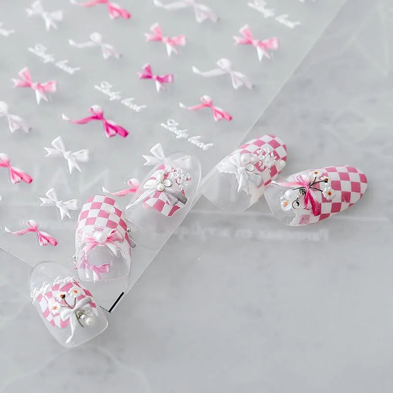 Pink Bow Nail Art Stickers Bow-tie Ribbon Adhesive Embossed Sticker Decals TS897