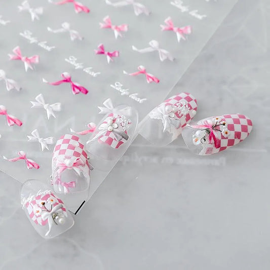 Pink Bow Nail Art Stickers Bow-tie Ribbon Adhesive Embossed Sticker Decals TS897