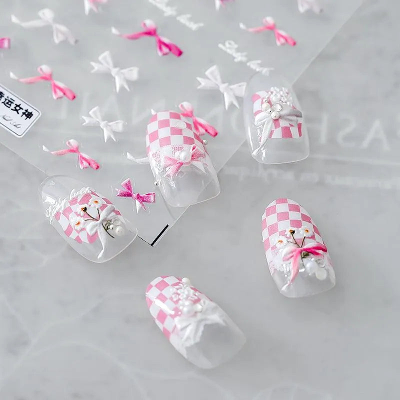 Pink Bow Nail Art Stickers Bow-tie Ribbon Adhesive Embossed Sticker Decals TS897