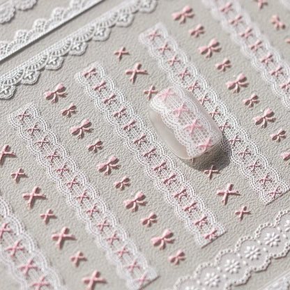 Pink Bowknot Nail Art Stickers Adhesive Embossed Love Lace Sticker Decals to3493