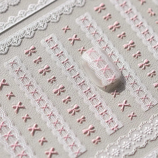 Pink Bowknot Nail Art Stickers Adhesive Embossed Love Lace Sticker Decals to3493