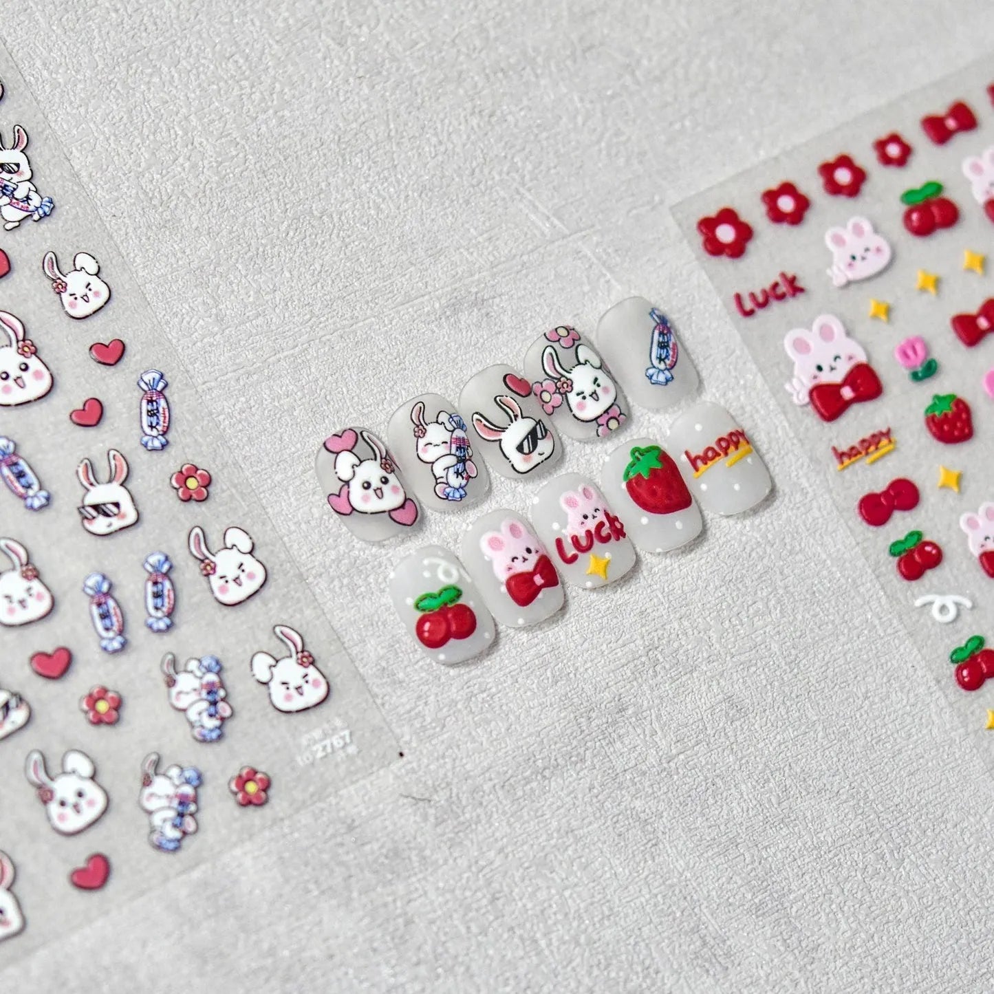 Pink Bunny Nail Stickers 5D Embossed Strawberry Nail Decals Adhesive DIY Manicure Accessories to2767
