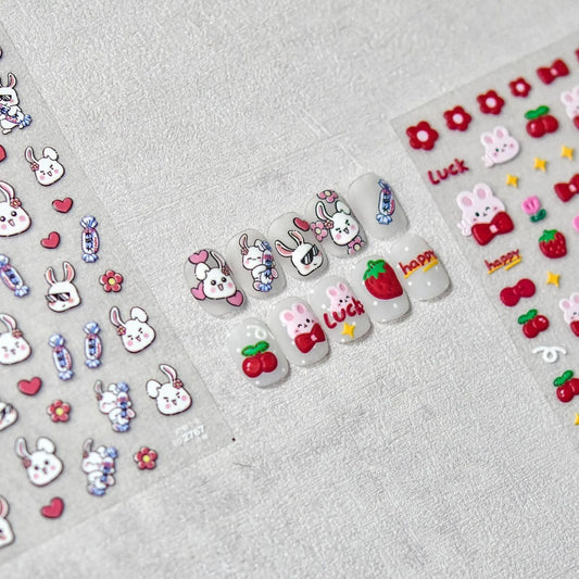 Pink Bunny Nail Stickers 5D Embossed Strawberry Nail Decals Adhesive DIY Manicure Accessories to2767