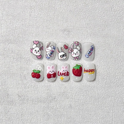 Pink Bunny Nail Stickers 5D Embossed Strawberry Nail Decals Adhesive DIY Manicure Accessories to2767