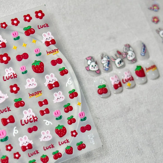 Pink Bunny Nail Stickers 5D Embossed Strawberry Nail Decals Adhesive DIY Manicure Accessories to2767